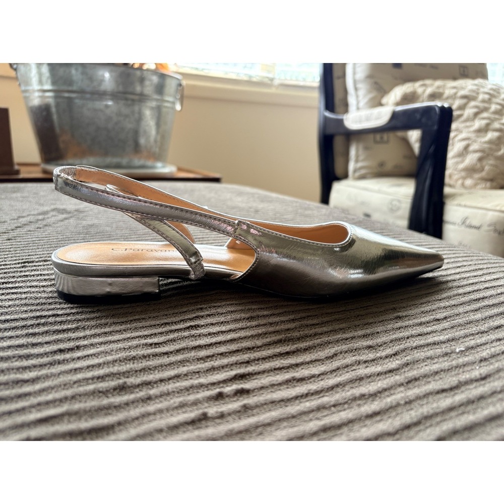NWOT C.Paravano Silver Metallic Pointed Toe Slingback Mary Jane Flats Chic S6.5 - Picture 4 of 10